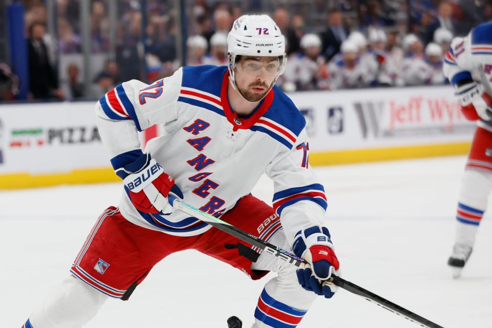 New York Rangers' Filip Chytil plays against the Columbus Blue Jackets during an NHL hockey game Saturday, April 8, 2023, in Columbus, Ohio.