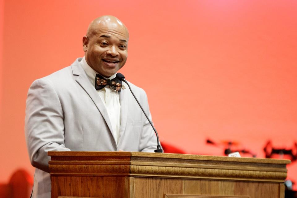 Indio councilmember Waymond Fermon gives a speech during the Palm Springs Black History Committee commemoration celebration to honor the late Martin Luther King, Jr. at Love of Christ Community Church in Indio, Calif., on Sunday, Jan. 15, 2023. 