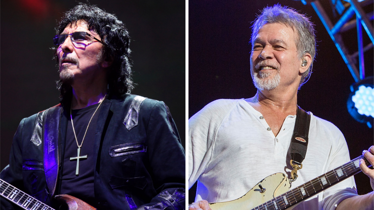  Tony Iommi onstage in 2012 and Eddie Van Halen onstage in 2015. 