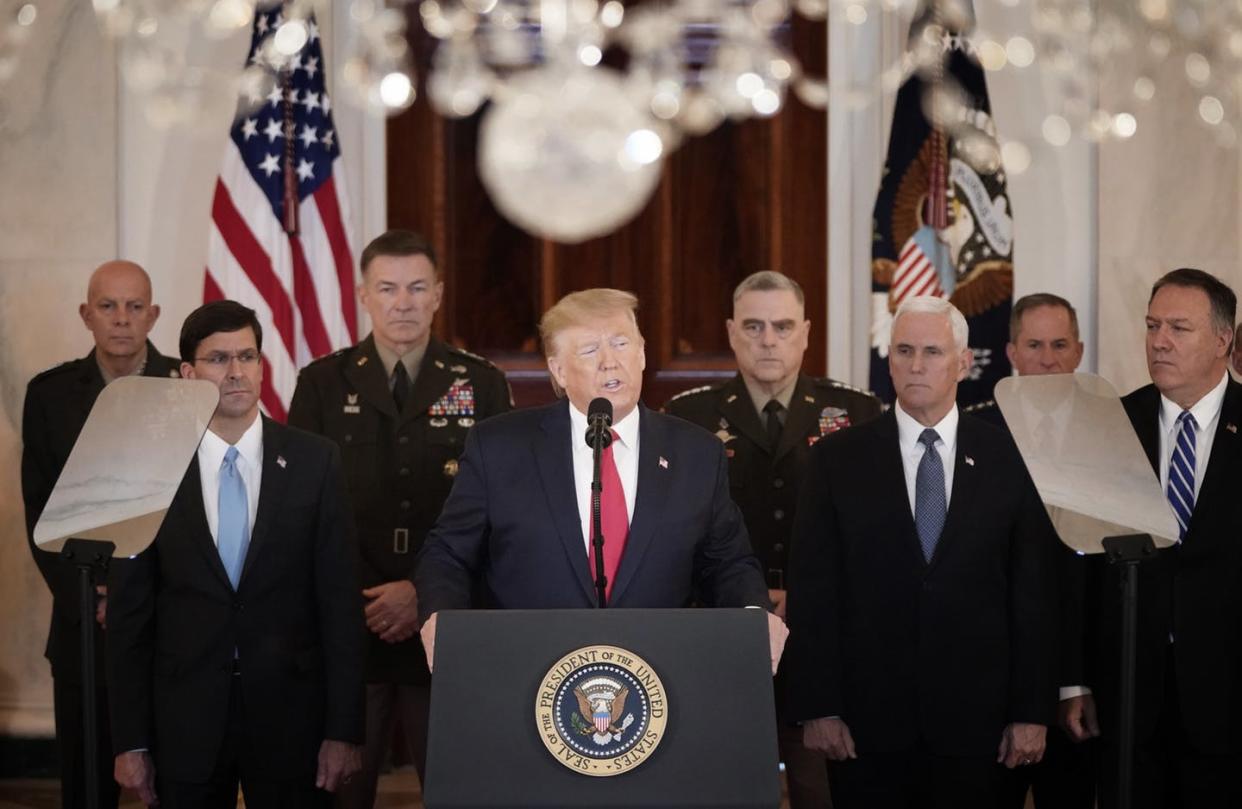 <span class="caption">President Donald Trump speaks from the White House on January 08, 2020 in Washington, DC. </span> <span class="attribution"><a class="link " href="https://www.gettyimages.com/detail/news-photo/president-donald-trump-speaks-from-the-white-house-on-news-photo/1198274210?adppopup=true" rel="nofollow noopener" target="_blank" data-ylk="slk:Win McNamee/Getty Images;elm:context_link;itc:0;sec:content-canvas">Win McNamee/Getty Images</a></span>