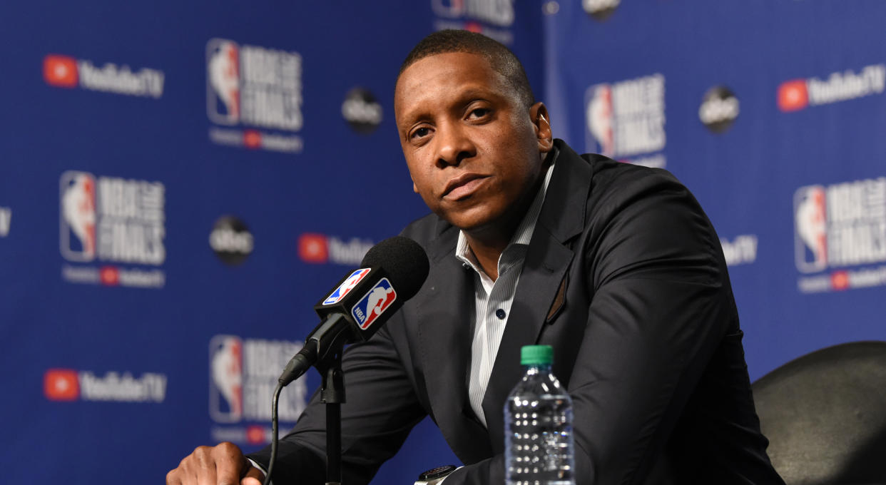 Masai Ujiri's actions while trying to get onto the court at Oracle Arena moments after Toronto's championship on Thursday may leave a black eye on the special night. (Photo by Ron Turenne/NBAE via Getty Images)