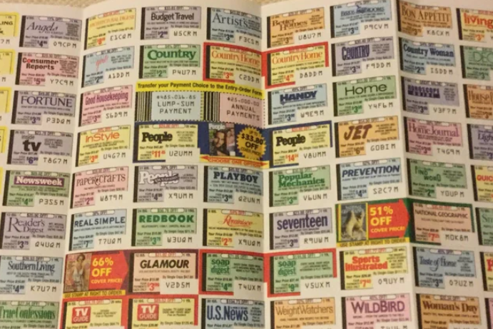 Wall of various vintage magazine subscription cards