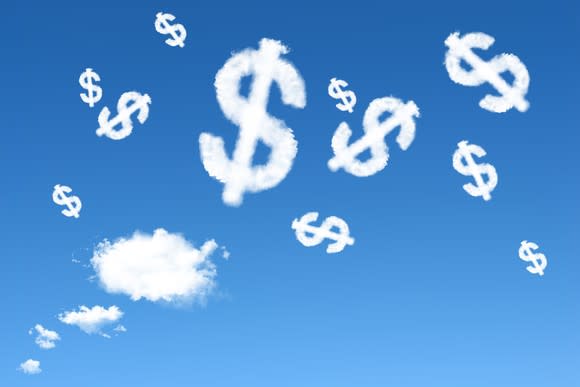 A blue sky is shown, full of clouds in the shape of dollar signs.
