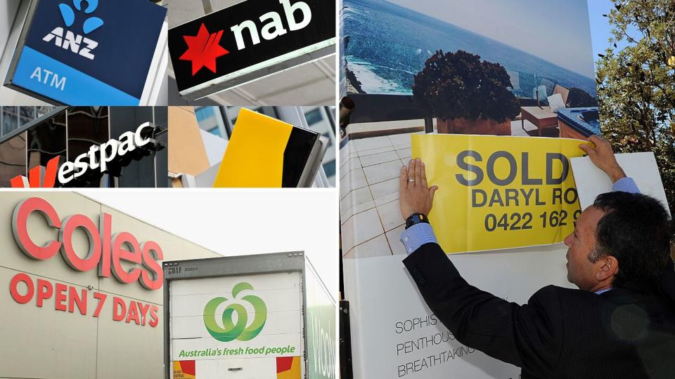 The signs for the four big banks, Coles and Woolworths, and a man applying a 'sold' sticker on a house sale sign.