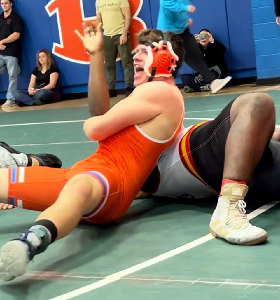 Boonsboro senior Sean Cornell went 6-0 with six pins, each in less than a minute, in the 285-pound weight class at the Battle in the Boro, helping lead the host Warriors to the team title.