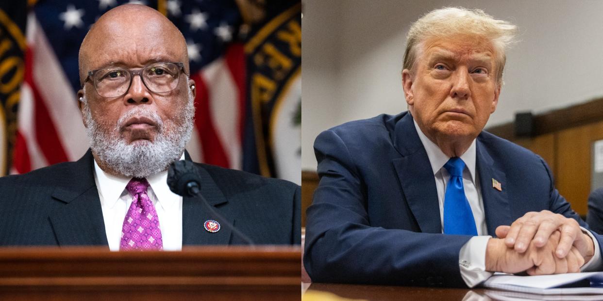 Bennie Thompson looks ahead during a House Jan. 6  hearing.  Donald Trump looks on as jury selection unfolds in his New York trial.