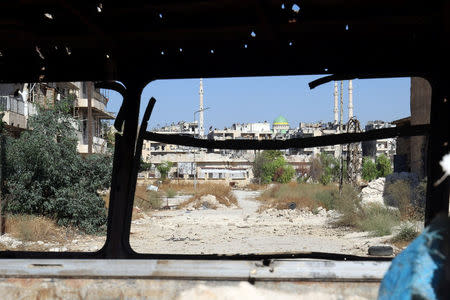 A view shows what is believed to be one of the road that people would have to use to access one of the safe exit points opened for people wishing to leave rebel-held areas, in Aleppo's Bustan al-Qasr, Syria October 20, 2016. REUTERS/Abdalrhman Ismail