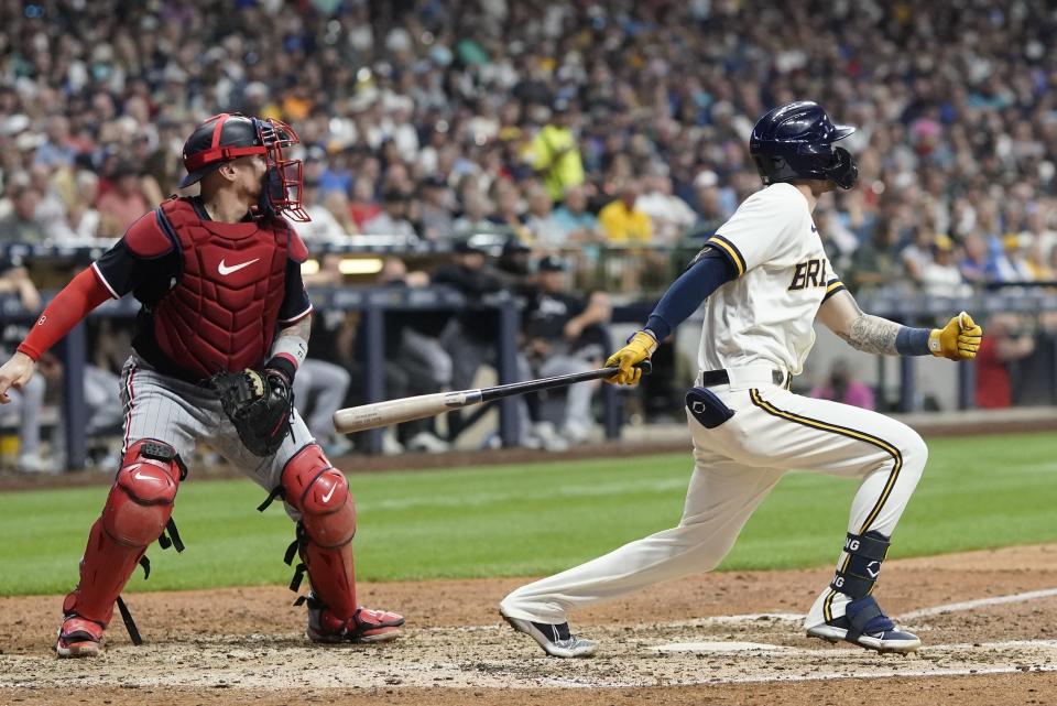 Milwaukee Brewers' Brice Turang hits an RBI single during the sixth inning of a baseball game against the Minnesota Twins Tuesday, Aug. 22, 2023, in Milwaukee. (AP Photo/Morry Gash)