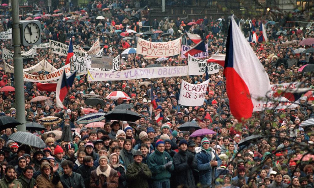 Pro-democracy demonstrators in Prague, 1989.