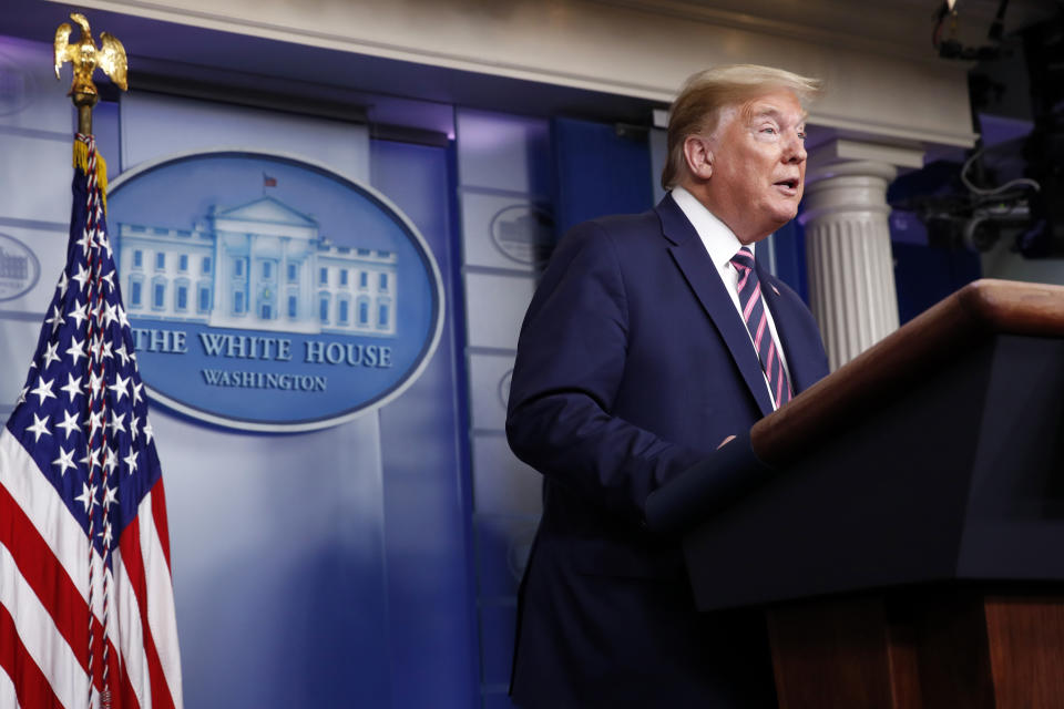 FILE- In this April 24, 2020 fie photo, President Donald Trump speaks about the coronavirus in the James Brady Press Briefing Room of the White House. Trump's statement; "I see the disinfectant that knocks it out in a minute, one minute. And is there a way we can do something like that by injection inside or almost a cleaning?" made during an April 23, 2020 White House Coronavirus Task Force news briefing, holds the number four position on the Yale Law School librarian's list of the most notable quotes of 2020. (AP Photo/Alex Brandon File)