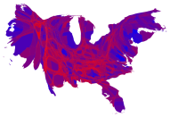 As the image makes clear, a large swath of the country is evenly divided (purple). Heavily Democratic areas (blue) are visible in larger cities. Strongly Republican areas (red) show smaller populations, which is why they are smaller on the map.