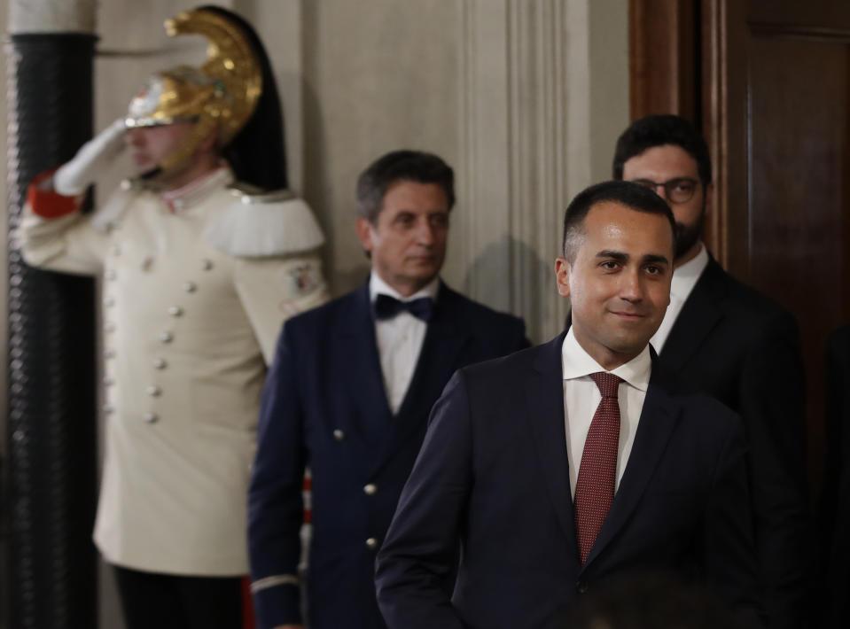 Five-Star Movement leader Luigi Di Maio leaves after meeting President Sergio Mattarella, in Rome, Thursday, Aug. 22, 2019. President Sergio Mattarella continued receiving political leaders Thursday, to explore if a solid majority with staying power exists in Parliament for a new government that could win the required confidence vote. (AP Photo/Alessandra Tarantino)