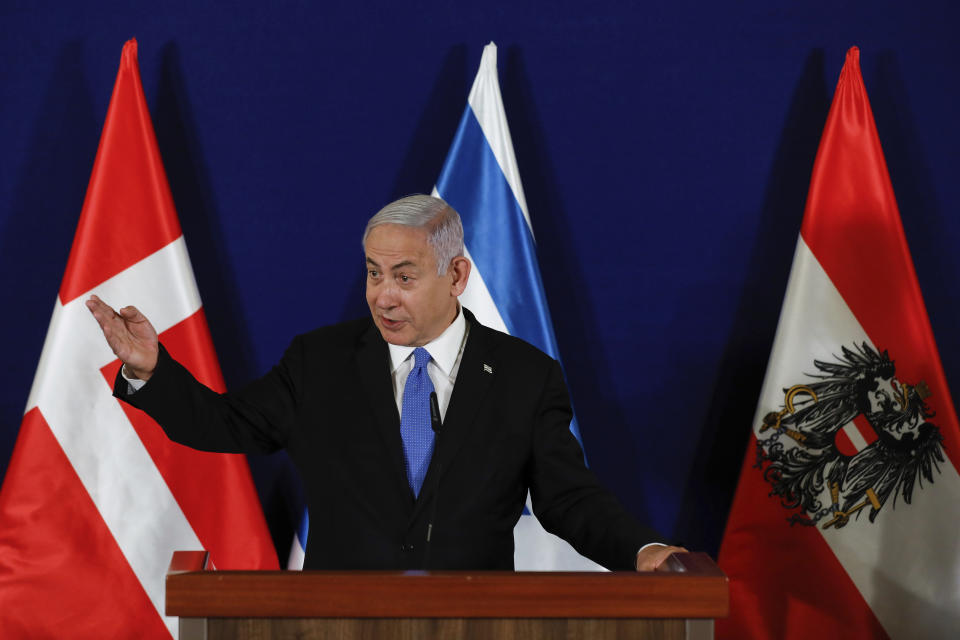 Israeli Prime Minister Benjamin Netanyahu speaks during a joint statement with the Danish Prime Minister Mette Frederiksen and Austrian Chancellor Sebastian Kurz at the Israeli Prime minister office in Jerusalem, on Thursday, March 4, 2021. (Olivier Fitoussi/Pool Photo via AP)