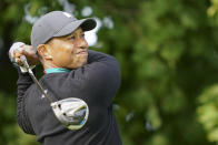 Tiger Woods watches his shot off the 12th tee during practice before the U.S. Open Championship golf tournament at Winged Foot Golf Club, Tuesday, Sept. 15, 2020, in Mamaroneck, N.Y. (AP Photo/John Minchillo)