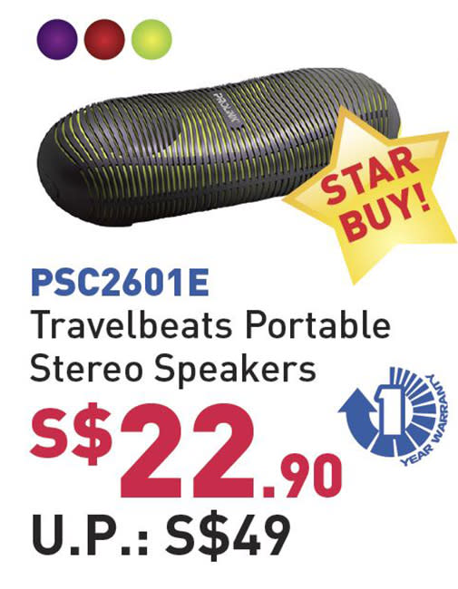 Otherwise, their star buy for this show is the PSC2601E Travelbeats Portable Stereo speakers. These have a class D amplifier and are going for less than half the usual price of $49 at the show - $22.90.