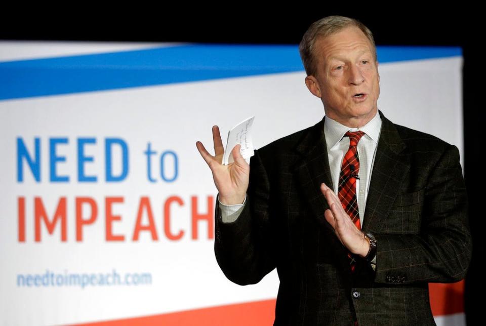 FILE - In this March 13, 2019, photo, billionaire investor and Democratic activist Tom Steyer speaks during a "Need to Impeach" town hall event in Agawam, Mass.  Steyer announced Monday, June 24 that he will put $1 million toward registering millennial voters in Virginia. Steyer's liberal advocacy group, NextGen America, will engage young voters in Republican-held districts in the hopes of flipping the Republican-led General Assembly to the Democrats in November.  (AP Photo/Steven Senne, File) ORG XMIT: NYCD104