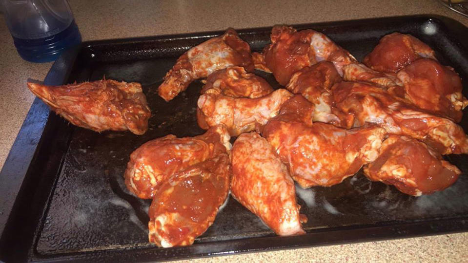 A Mackay mum claims she found a chicken head in a bag of Ingham’s Chicken Buffalo wings purchased online from Woolworths Mount Pleasant. Source: Supplied