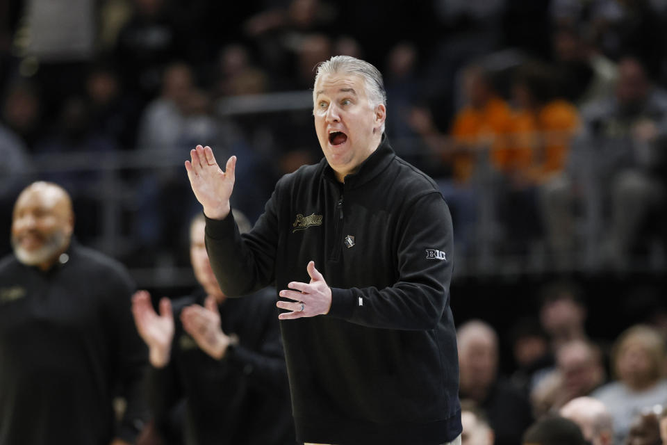 Purdue head coach Matt Painter watches from the sideline during the first half of an Elite Eight college basketball game against Tennessee in the NCAA Tournament, Sunday, March 31, 2024, in Detroit. (AP Photo/Duane Burleson)