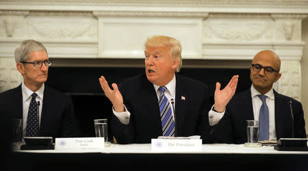 FILE PHOTO - U.S. President Donald Trump participates in an American Technology Council roundtable, accompanied by Tim Cook, CEO of Apple (L) and Satya Nadella CEO of Microsoft Corporation at the White House in Washington, U.S., June 19, 2017. REUTERS/Carlos Barria