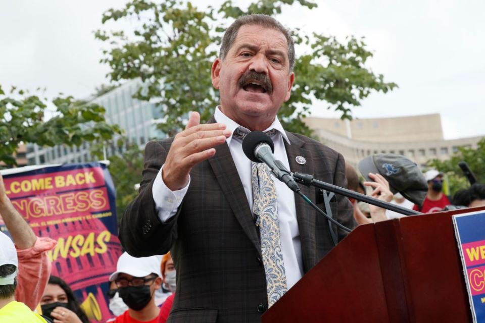 U.S. Rep. Chuy Garcia speaks as thousands welcome back Congress by marching for Citizenship, Care, And Climate Justice on Sept. 21, 2021 in Washington, D.C.
