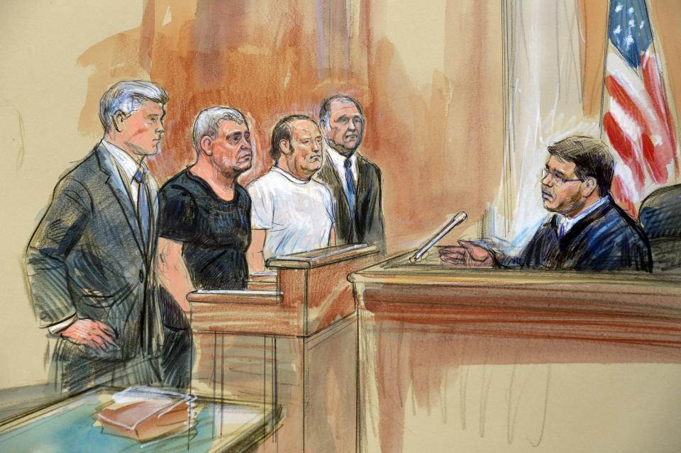 This courtroom sketch depicts from left, attorney Kevin Downing, Lev Parnas, Igor Fruman, attorney Thomas Zehnle and U.S. Judge Michael Nachmanoff, at federal courthouse in Alexandria, Va., Thursday, Oct. 10, 2019. Parnas and Fruman, two Florida businessmen tied to President Donald Trump's lawyer and the Ukraine investigation, were charged with federal campaign finance violations. The charges relate to a $325,000 donation to a group supporting President Donald Trump's reelection. (Dana Verkouteren via AP)