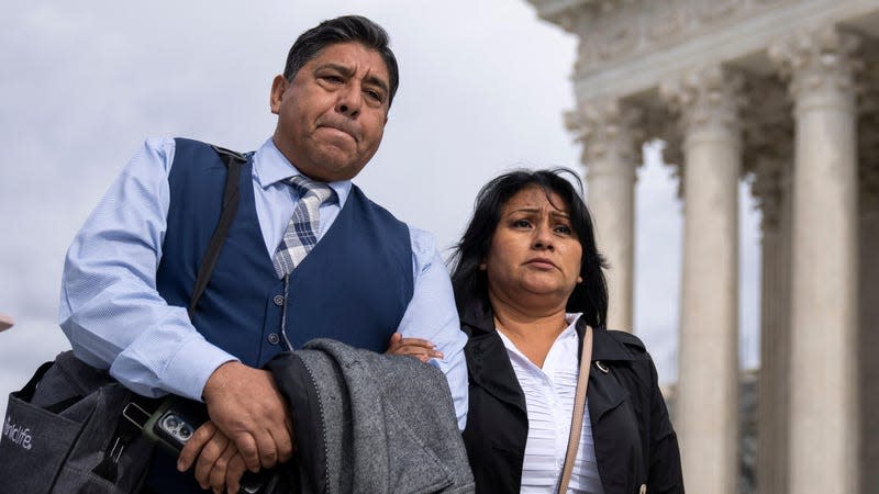  Jose Hernandez and Beatriz Gonzalez, stepfather and mother of Nohemi Gonzalez, who died in a terrorist attack in Paris in 2015, arrive to speak to the press outside of the U.S. Supreme Court following oral arguments in Gonzalez v. Google February 21, 2023