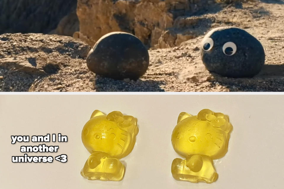 A still from the movie "Everything Everywhere All At Once" shows two rocks alongside two Hello Kitty-shaped gummies. There's text that reads, "You and I in another universe"