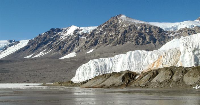 Blood Falls, a lake, and mountains