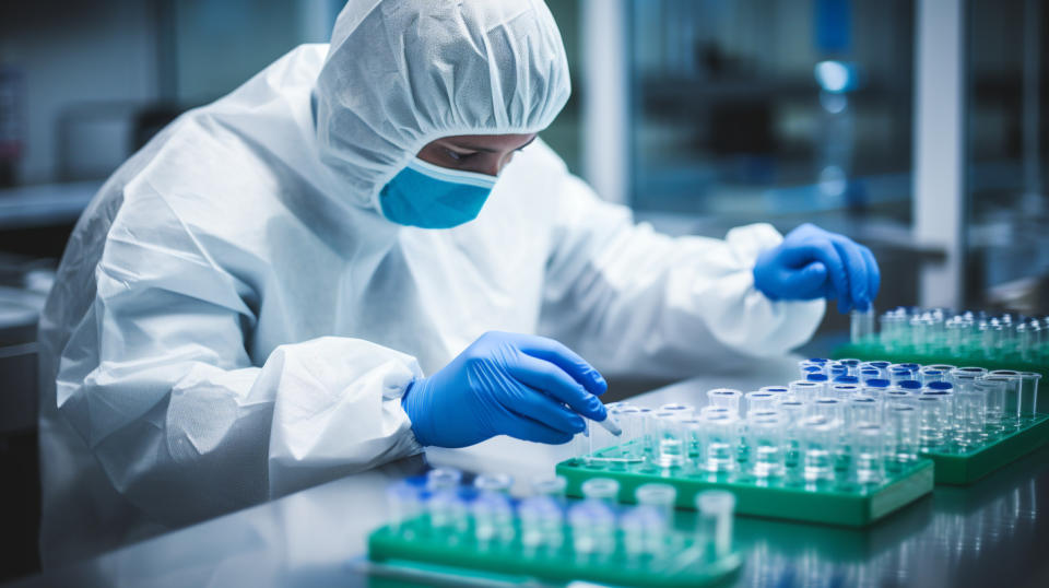 A technician in a lab inspecting an ELISA test kit for use in biopharmaceutical diagnostics.