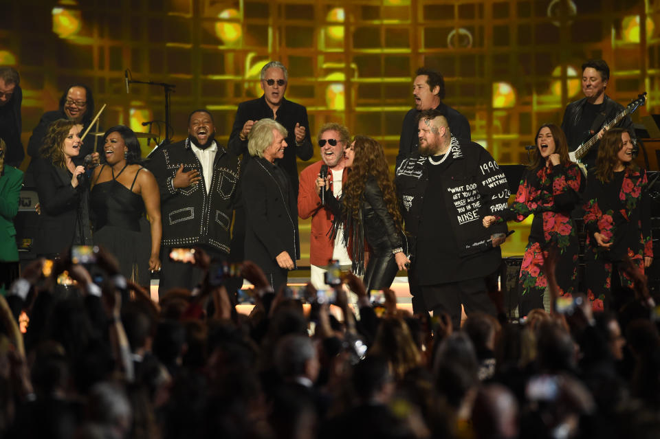 Brandy Clark, Tanya Trotter, Michael Trotter Jr., Hugh McDonald, Jon Bon Jovi, Sammy Hagar, Shania Twain, John Shanks, Jelly Roll, Rebecca Lovell, Jim Bankoff and Megan Lovell at the 2024 MusiCares Person of the Year Gala honoring Jon Bon Jovi held at The Los Angeles Convention Center on February 2, 2024 in Los Angeles, California. (Photo by Gilbert Flores/Billboard via Getty Images)