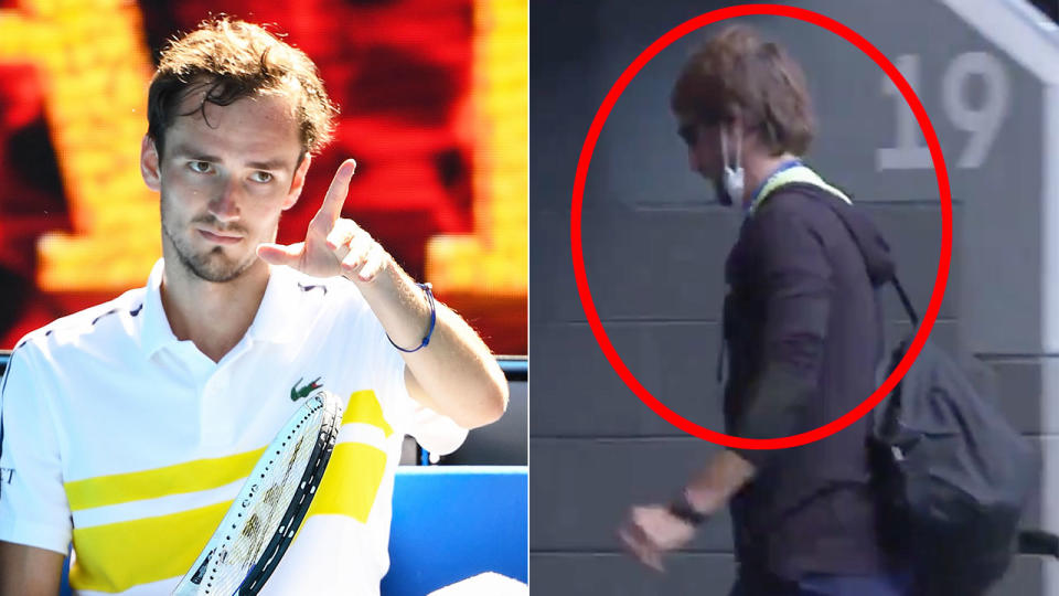 Pictured here, Daniil Medvedev's coach can be seen exiting Rod Laver Arena mid-match.