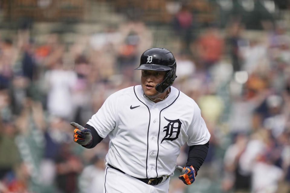 Detroit Tigers designated hitter Miguel Cabrera looks towards the San Francisco Giants dugout after hitting a walk-off single during the 11th inning of a baseball game, Saturday, April 15, 2023, in Detroit. (AP Photo/Carlos Osorio)