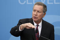 FILE - In this Dec. 4, 2018, file photo, then-Ohio Gov. John Kasich speaks at The City Club of Cleveland, in Cleveland. Ohio Republicans are trying to rally and present a united front heading into their party's national convention, following a week when Kasich, one of their best-known politicians, spoke on behalf of Joe Biden to the Democrats' convention. (AP Photo/Tony Dejak, File)