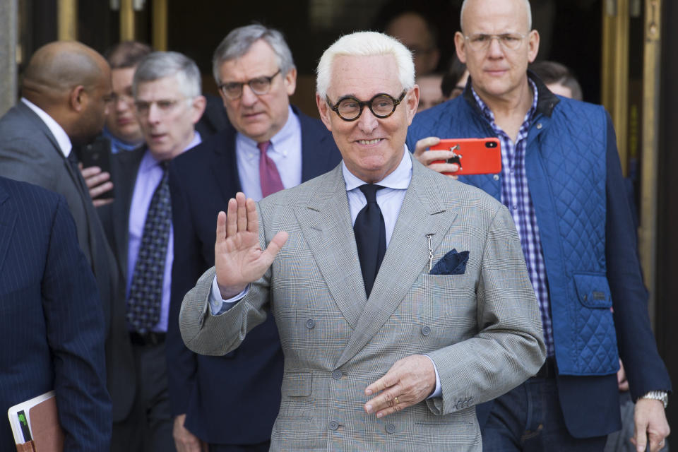 Roger Stone, an associate of President Trump's, leaves the U.S. District Court, after a court status conference on his seven charges in Washington. (Photo: Cliff Owen/AP)