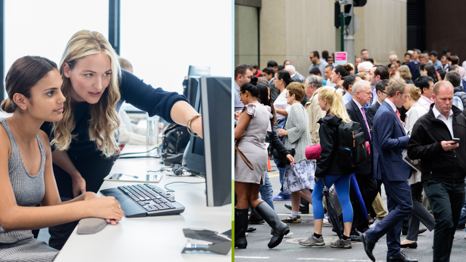 Composite image of two women working in office employment, and people crossing a busy city street.