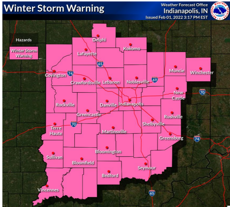 A winter storm warning is in effect for much of Indiana beginning 7 a.m. on Feb. 2, 2022, until Feb. 4, 2022, at 1 a.m., according to the National Weather Service.