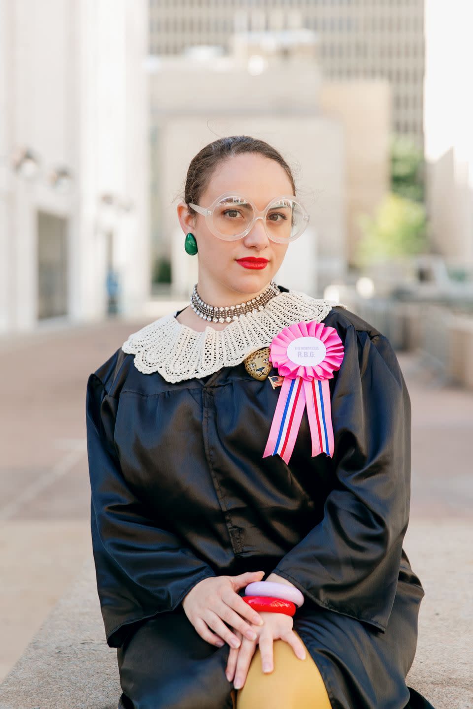 <p>Pay homage to the second female justice of four to be confirmed to the highest court in our nation. Oversize spectacles and fun earrings make this one instantly recognizable. Pro tip: If you're really short on time, a black bathrobe works just as well as a real black robe.</p><p><a class="link " href="https://www.amazon.com/GradPlaza-Economic-Finish-inches-59-511/dp/B01GJIV82K?tag=syn-yahoo-20&ascsubtag=%5Bartid%7C10050.g.22118522%5Bsrc%7Cyahoo-us" rel="nofollow noopener" target="_blank" data-ylk="slk:SHOP ROBES;elm:context_link;itc:0;sec:content-canvas">SHOP ROBES</a></p>