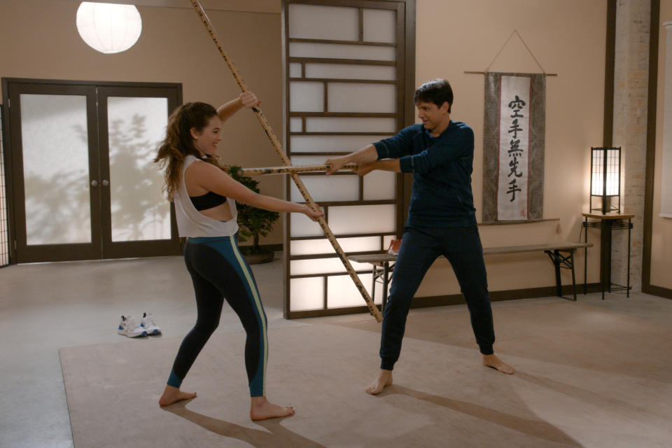 COBRA KAI (L to R) Mary Mouser as Samantha LaRusso and Ralph Macchio as Daniel LaRusso. (Netflix)