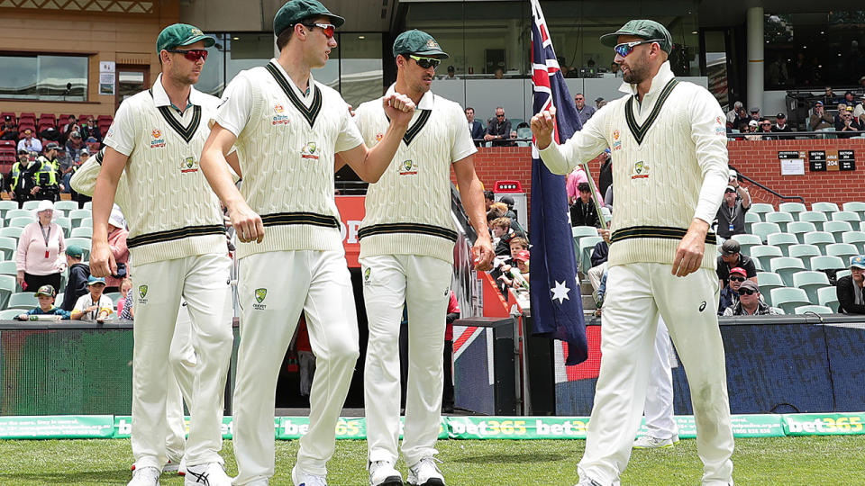 Josh Hazlewood, Pat Cummins, Mitchell Starc and Nathan Lyon, pictured here during a Test match in 2019.