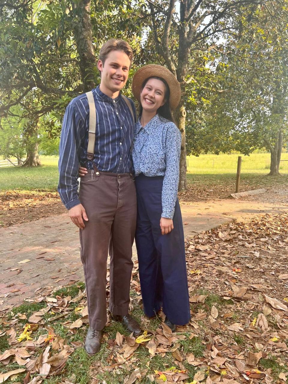 Logan Shroyer (John-Boy) and Vivian Lee-Boulton (Edith) pose in May 2022 for a photo on the set of “A Walton’s Thanksgiving” in Georgia.