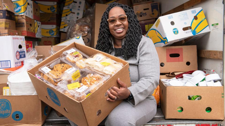 Darlene Trappier is the owner and executive director of Beacon of Hope in Mount Holly, a nonprofit organization that provides food, clothing, shelter and life skills training to people in need. Trappier, shown surrounded by food she gathered to benefit those in need, is USA TODAY's Women of the Year 2023 honoree for New Jersey.