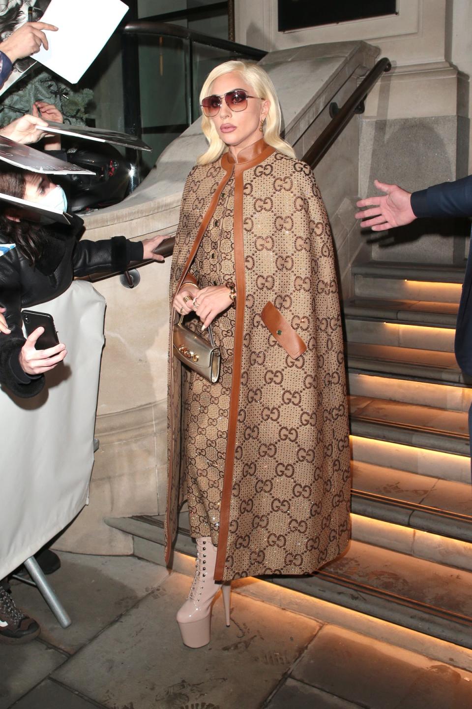 Lady Gaga on the ‘House of Gucci’ press tour wearing Gucci and vintage Gucci jewellery from Omnēque (GC Images)