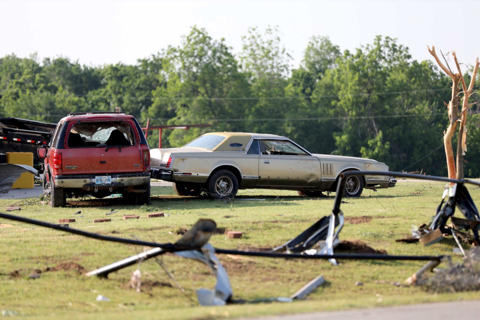 Storm damage is seen in Oklahoma City, Monday, May 20, 2024. A possible tornado came through the area near Cimarron Road and NW 10 on Sunday evening.