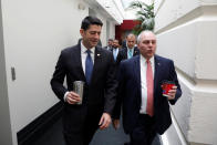 House Speaker Paul Ryan (R-WI) speaks with House Majority Whip Steve Scalise (R-LA) as they arrive for a conference meeting on Capitol Hill in Washington, U.S., April 26, 2017. REUTERS/Aaron P. Bernstein