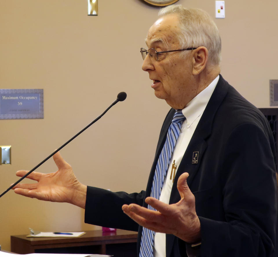 Kansas Deputy Education Commissioner Dale Dennis testifies during a state Senate committee hearing on school funding, Wednesday, March 6, 2019, at the Statehouse in Topeka, Kansas. Dennis is rejecting suggestions from a coalition of school districts that numbers provided to Democratic Gov. Laura Kelly to support an education funding plan were flawed. (AP Photo/John Hanna)
