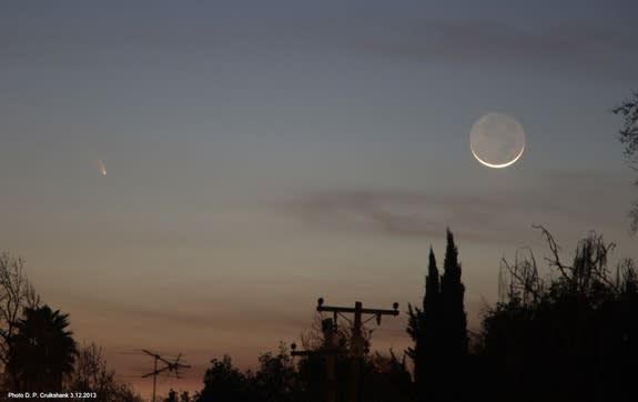 On Tuesday March 12, the comet known officially as comet C/2011 L4 (PANSTARRS), stood almost directly above the western horizon, less than 5 degrees to the left of a very narrow crescent moon as seen in this space wallpaper.