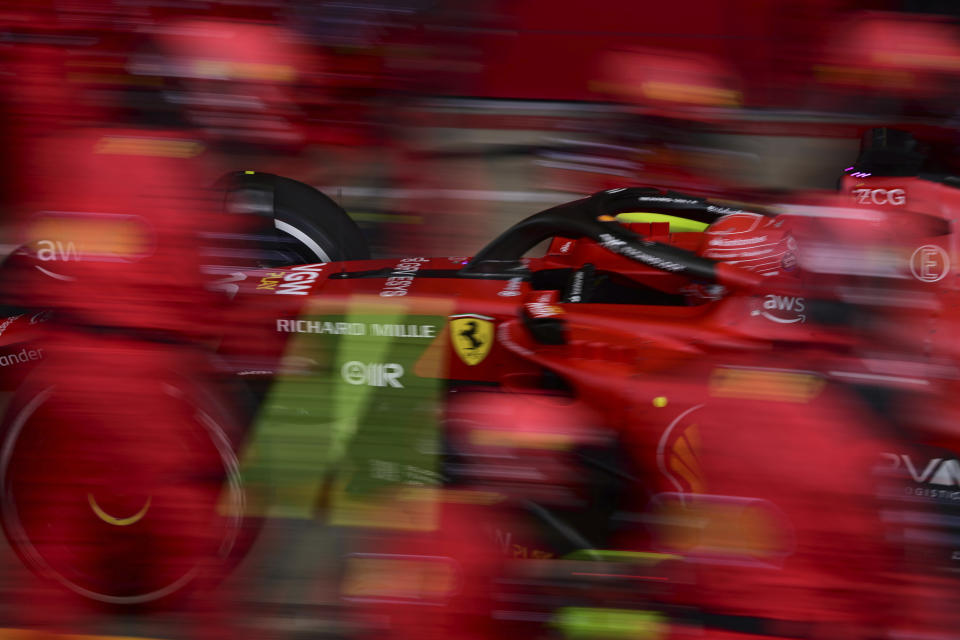 Ferrari driver Charles Leclerc of Monaco gets a pit service during the British Formula One Grand Prix race at the Silverstone racetrack, Silverstone, England, Sunday, July 9, 2023. (Christian Bruna/Pool photo via AP)