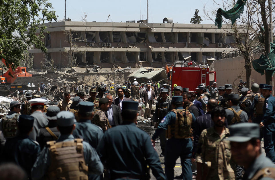 <p>Security forces inspect the site of a suicide attack where the German Embassy is located in Kabul, Afghanistan, Wednesday, May 31, 2017. (AP Photos/Rahmat Gul) </p>