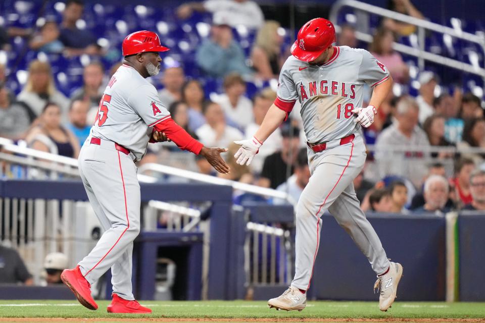 Los Angeles Angels first baseman Nolan Schanuel (18) rounds the bases after hitting a home run against the Miami Marlins during the fifth inning at loanDepot Park.