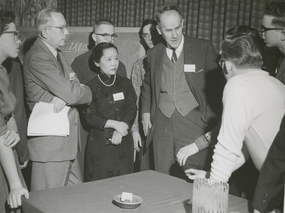 Chien-Shiung Wu (1912-1997), professor of physics at Columbia University, shown with a "Dr. Brode" (probably Wallace Brode) and a group of Science Talent Search winners, 1958